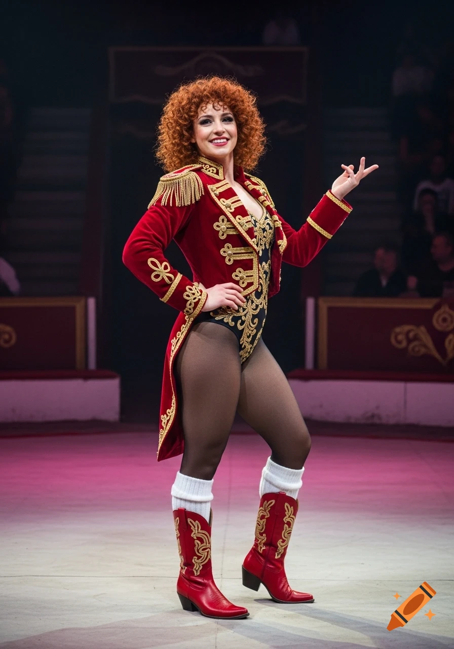 A smiling woman with curly red hair, in a red and gold circus jacket, black bodysuit, tights, and red cowboy boots, stands in a circus ring.
