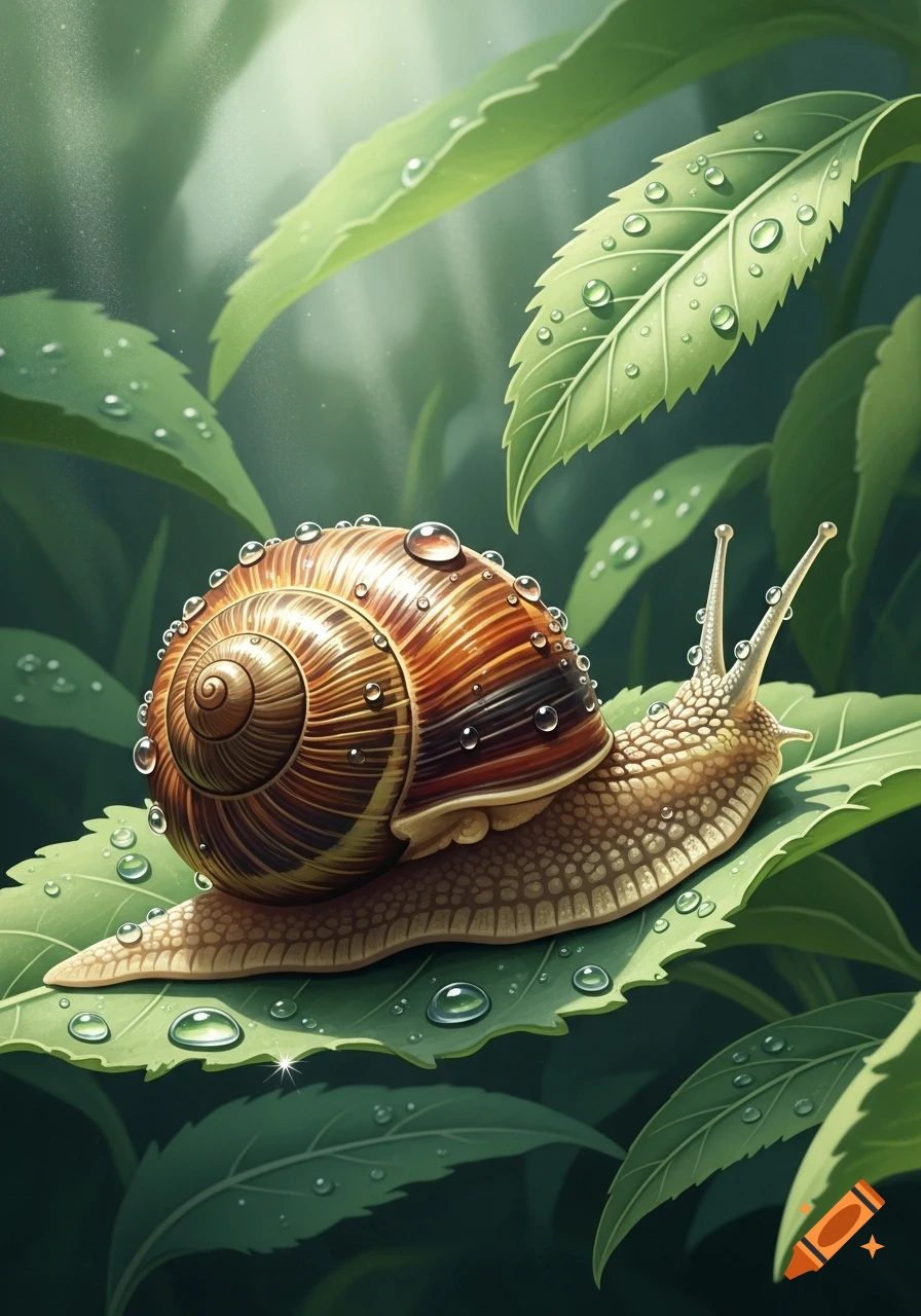 A brown snail with a spiral shell, covered in water droplets, crawls on ...