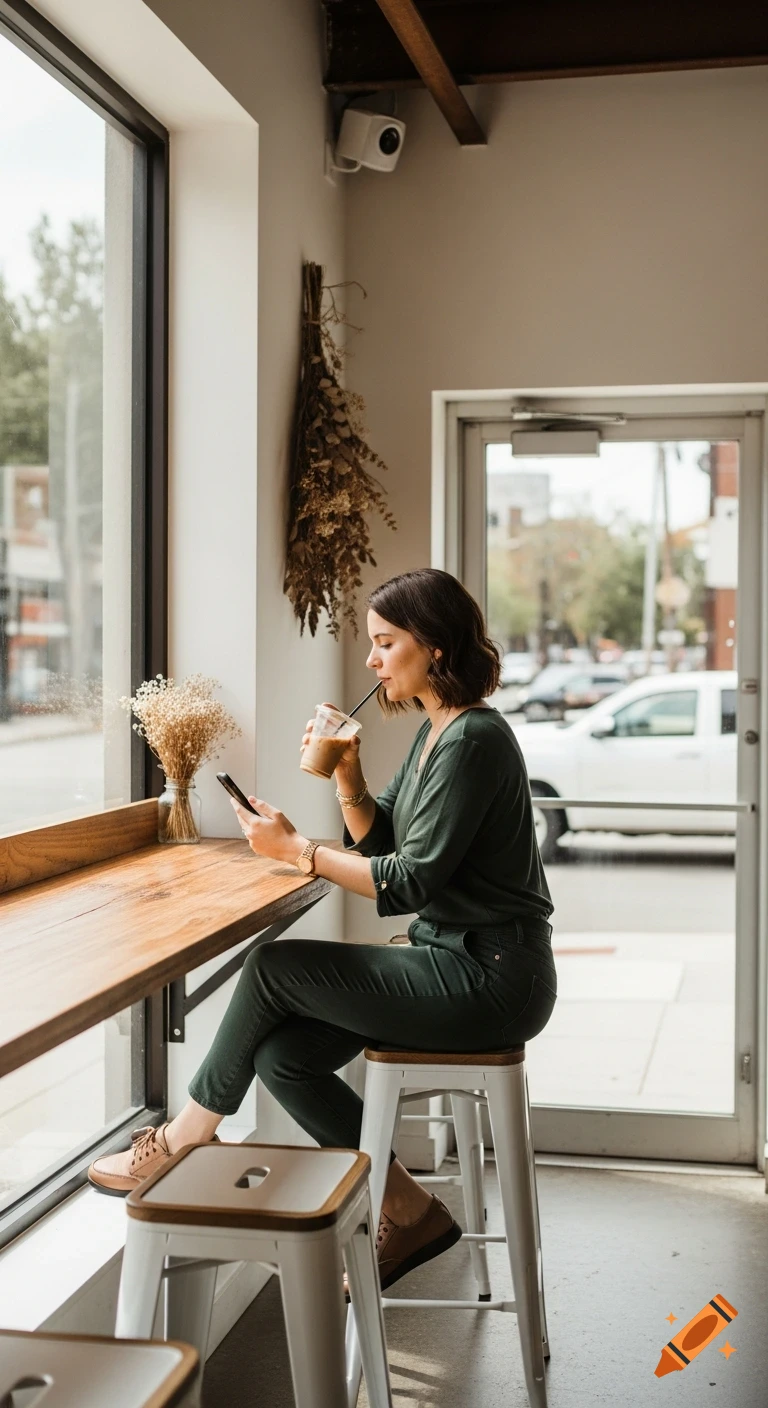 A woman sips iced coffee while looking at her smartphone at a window bar in a coffee shop.