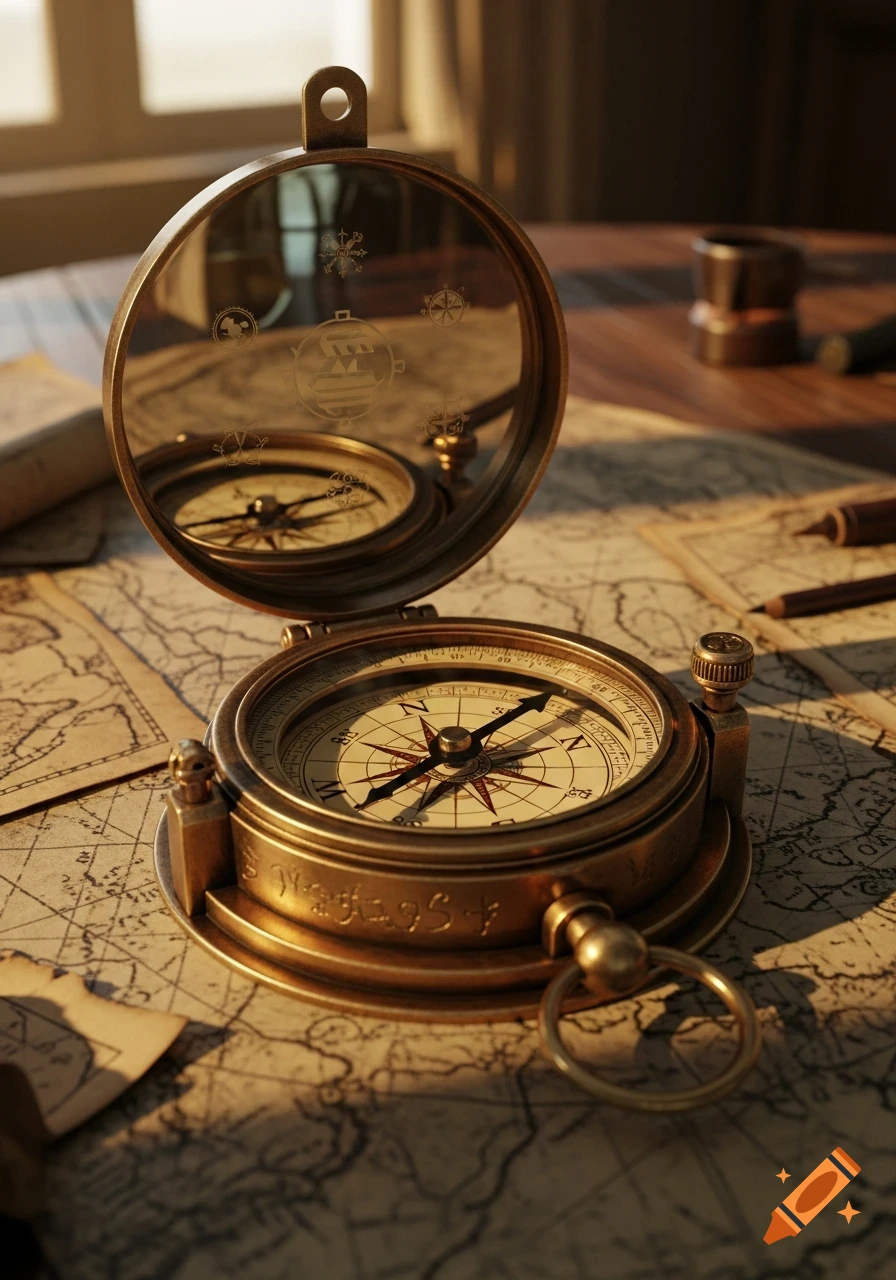 A vintage brass compass with its lid open, resting on an old map, bathed in warm sunlight, with reflections.