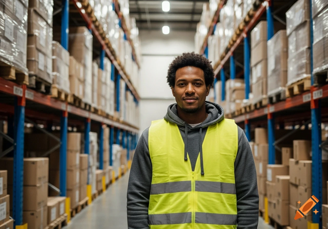 A man in a neon yellow safety vest and gray hoodie stands in a busy warehouse with shelves of boxes.