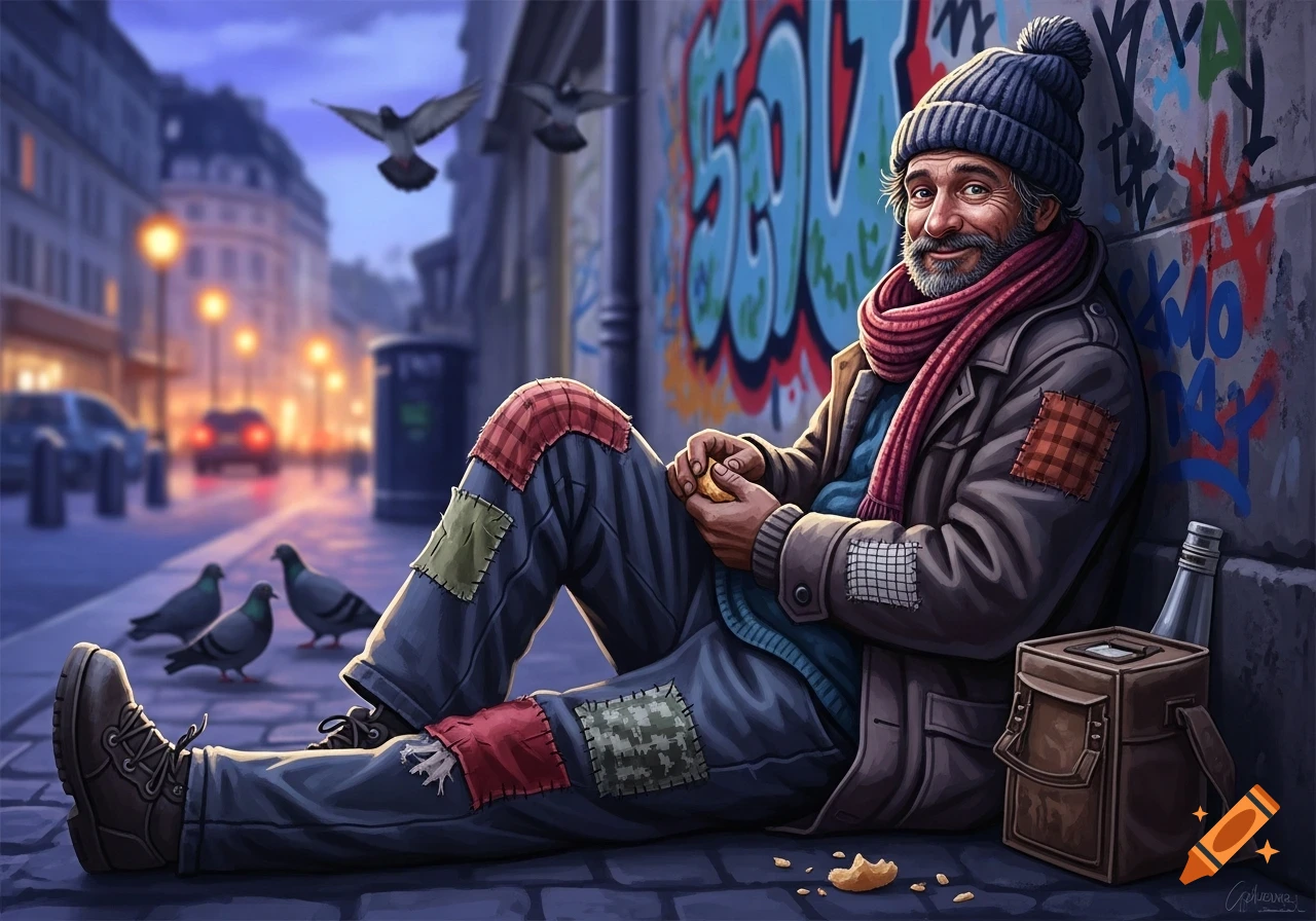 A smiling man with a beard, wearing a knitted hat and red scarf, sits on a city street against a graffiti wall, with pigeons nearby.