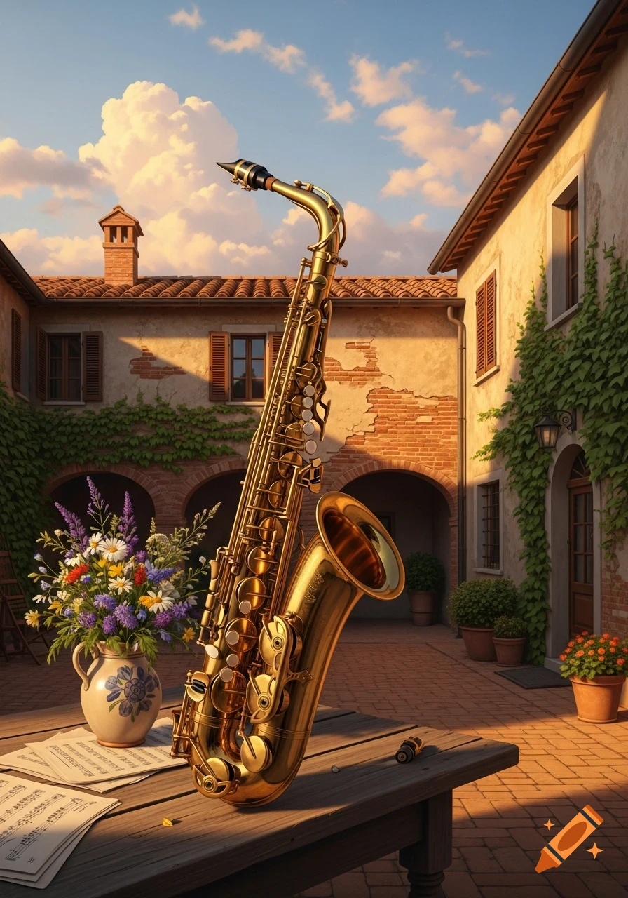 A golden saxophone rests on a wooden table with sheet music and a vase of flowers in an Italian courtyard at sunset.
