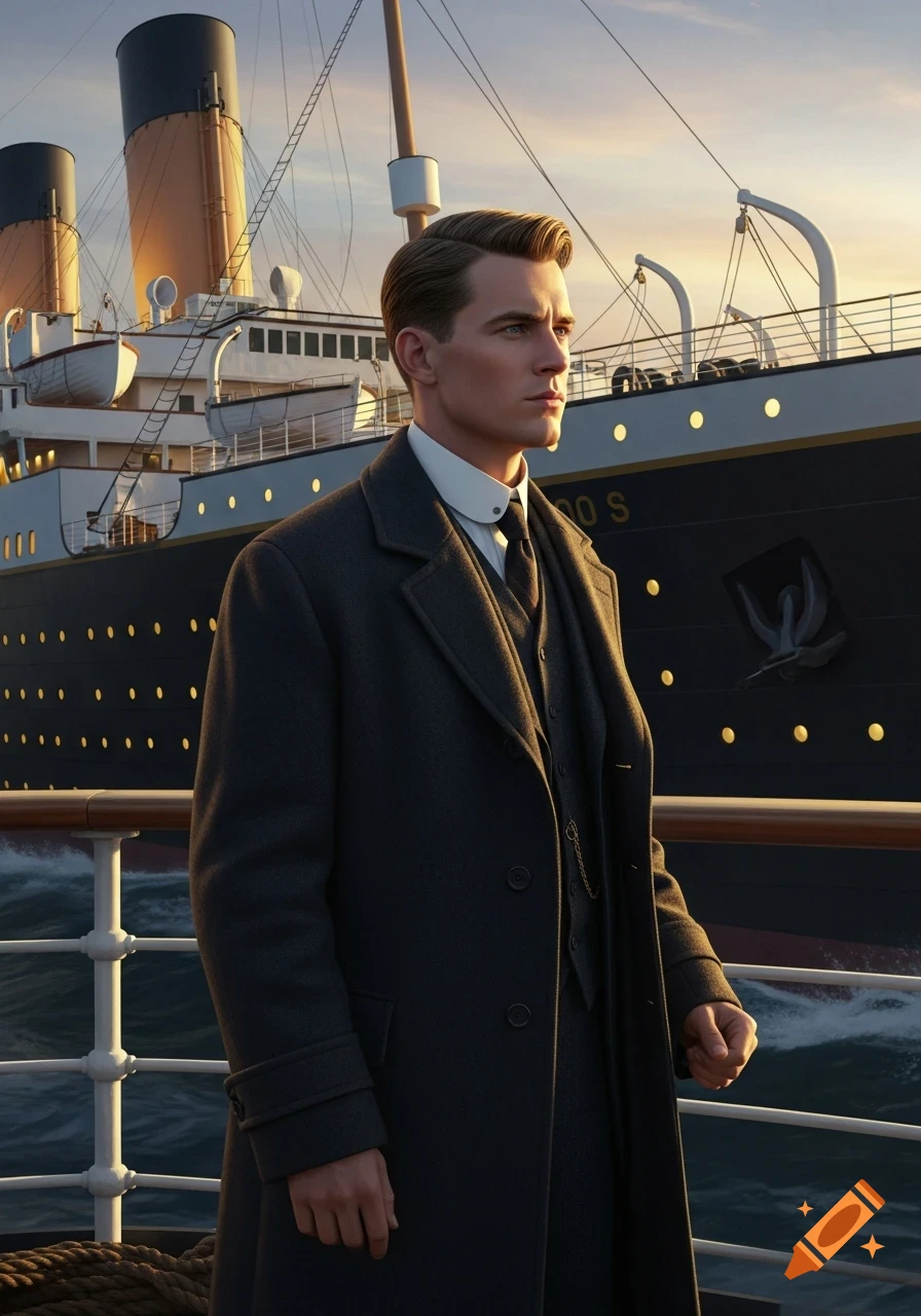 A man in a dark coat and period attire stands on the deck of a grand ship at sunset, looking thoughtfully to the side. Photorealistic style.