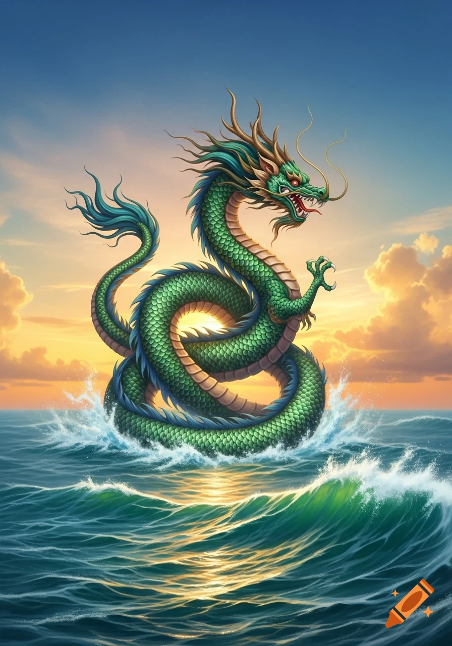 A vibrant green, stylized Chinese dragon or Naga rises from a sparkling ocean under a colorful sunset sky.