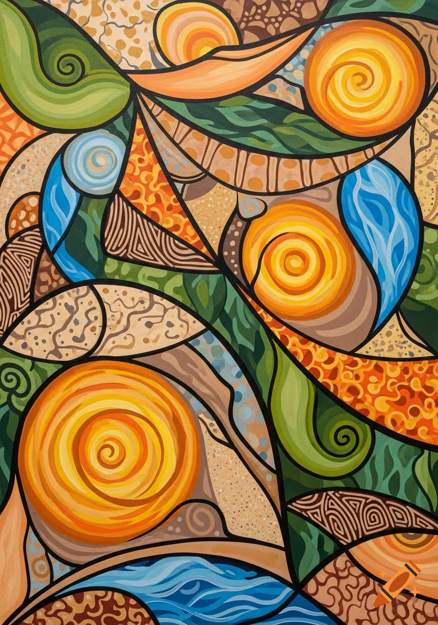 Vibrant abstract geometric art with swirling shapes and patterns in green, orange, brown, and blue, reminiscent of nature.