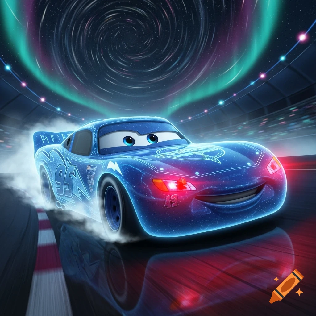 A glowing blue Lightning McQueen car, adorned with circuit patterns, speeds on a race track under a swirling starry sky with an aurora.