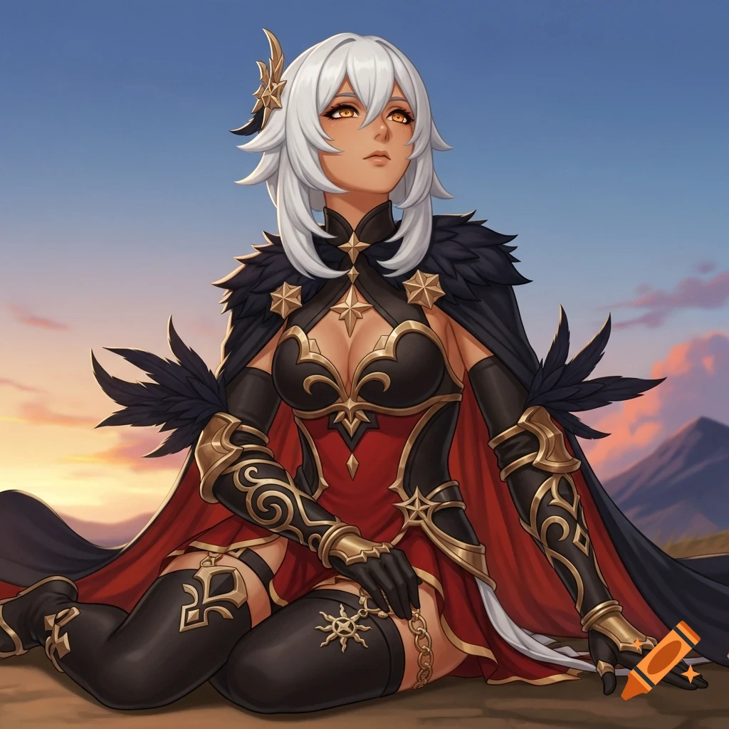 A white-haired, olive-skinned woman in a red and black fantasy outfit with gold details sits on the ground looking up at a sunset sky, anime style.