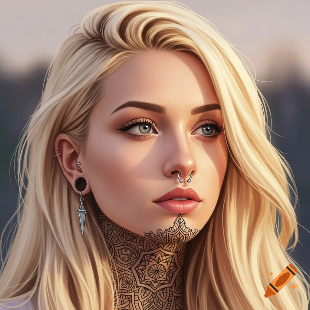 A close-up portrait of a young blonde woman with a silver septum piercing, ear piercings, and intricate mandala tattoos on her chin and neck.