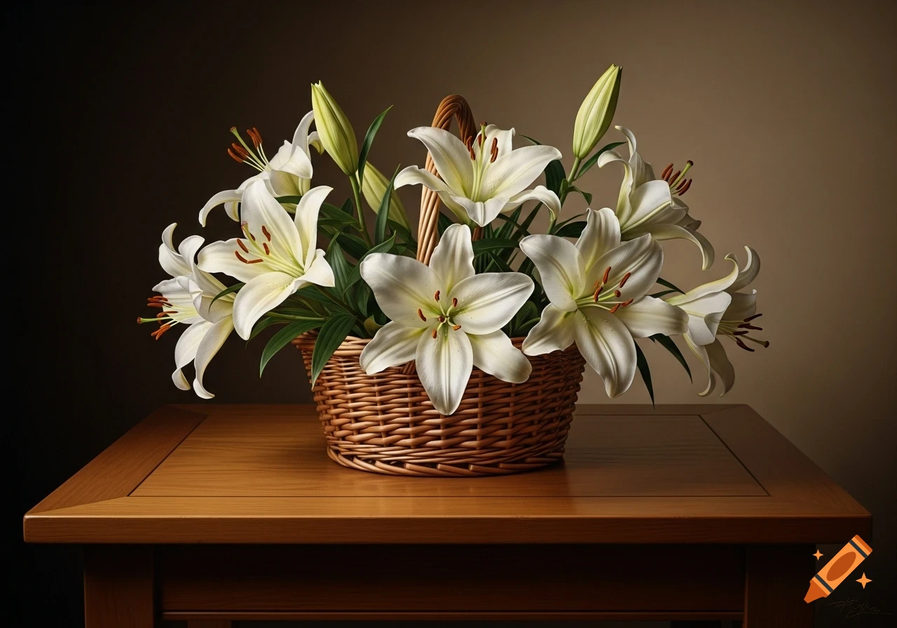 Photorealistic still life of white lilies in a woven basket on a polished wooden table, with moody lighting.