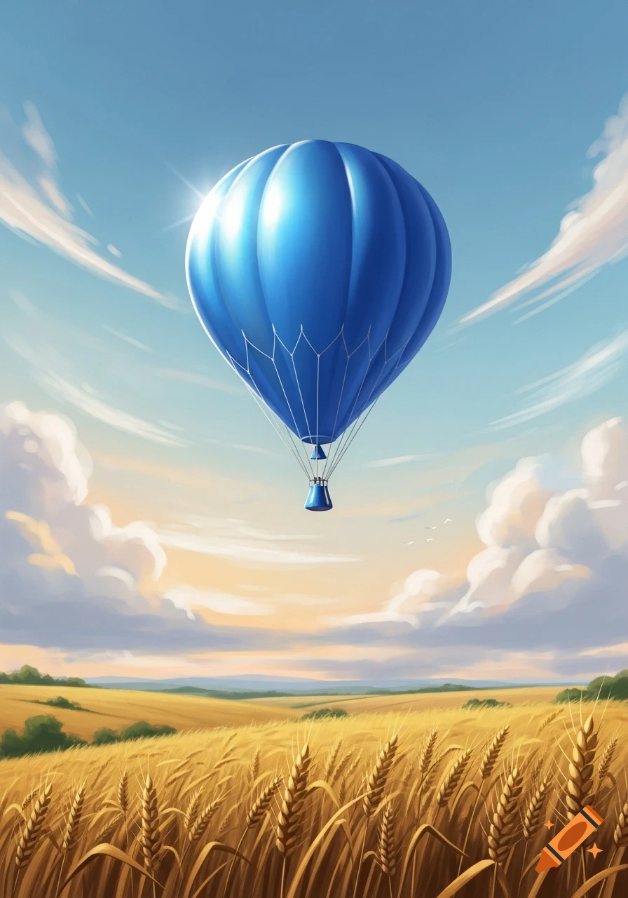 A vibrant blue hot air balloon floats high above a golden wheat field under a clear blue sky with fluffy white clouds.