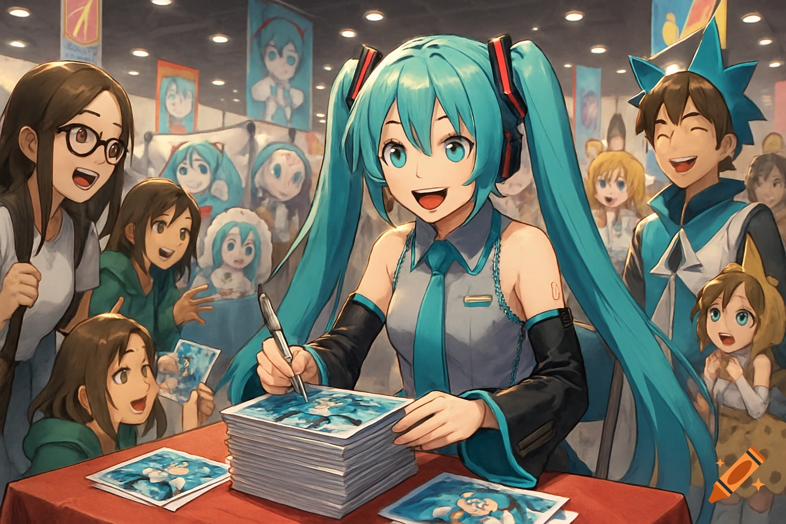 An anime-style Hatsune Miku impersonator signs autographs for cheering fans at a convention table.