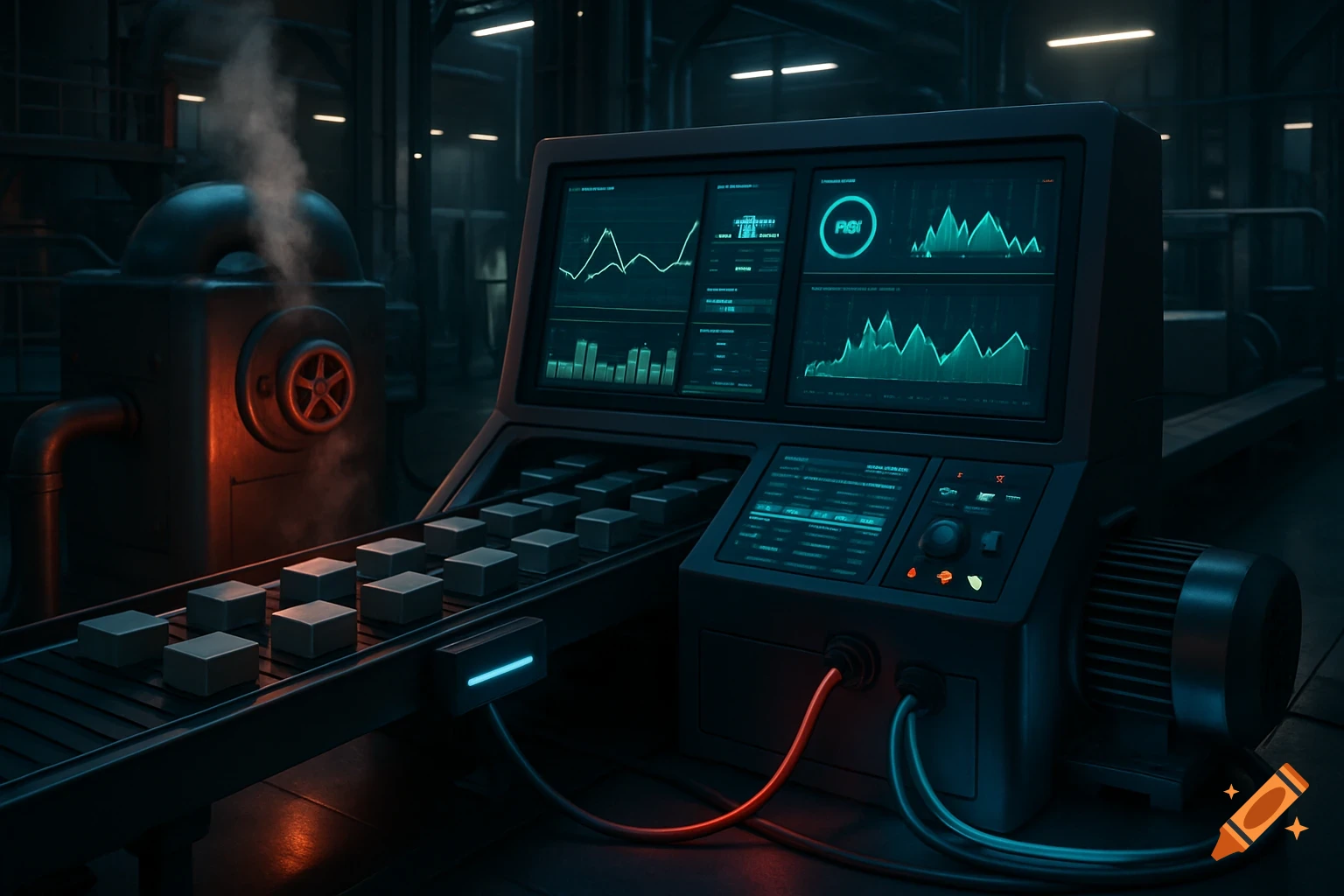 Futuristic industrial control panel with glowing green screens displaying data graphs, a conveyor belt with cubes, and a steaming machine in a dark factory setting.