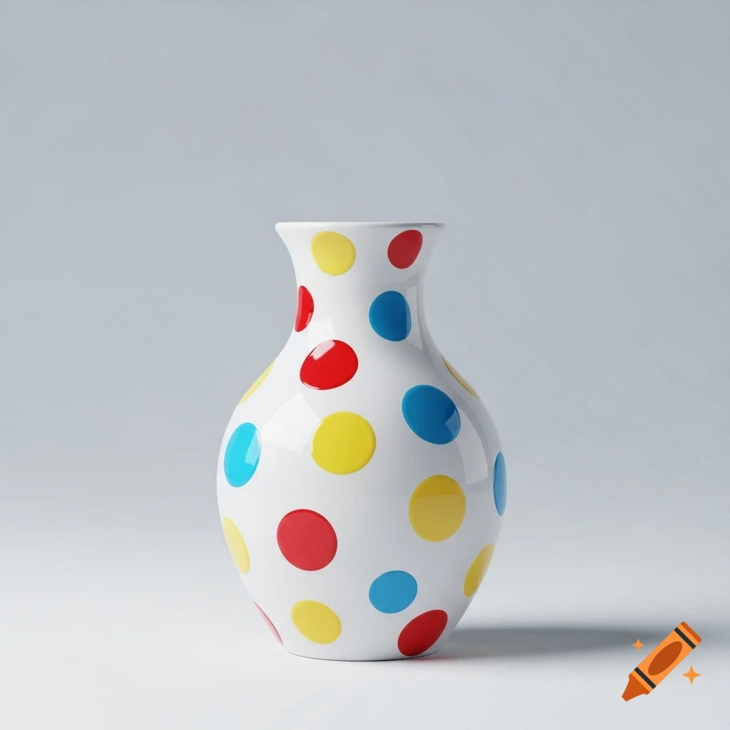 A white vase with large red, yellow, and blue polka dots on a light grey background.
