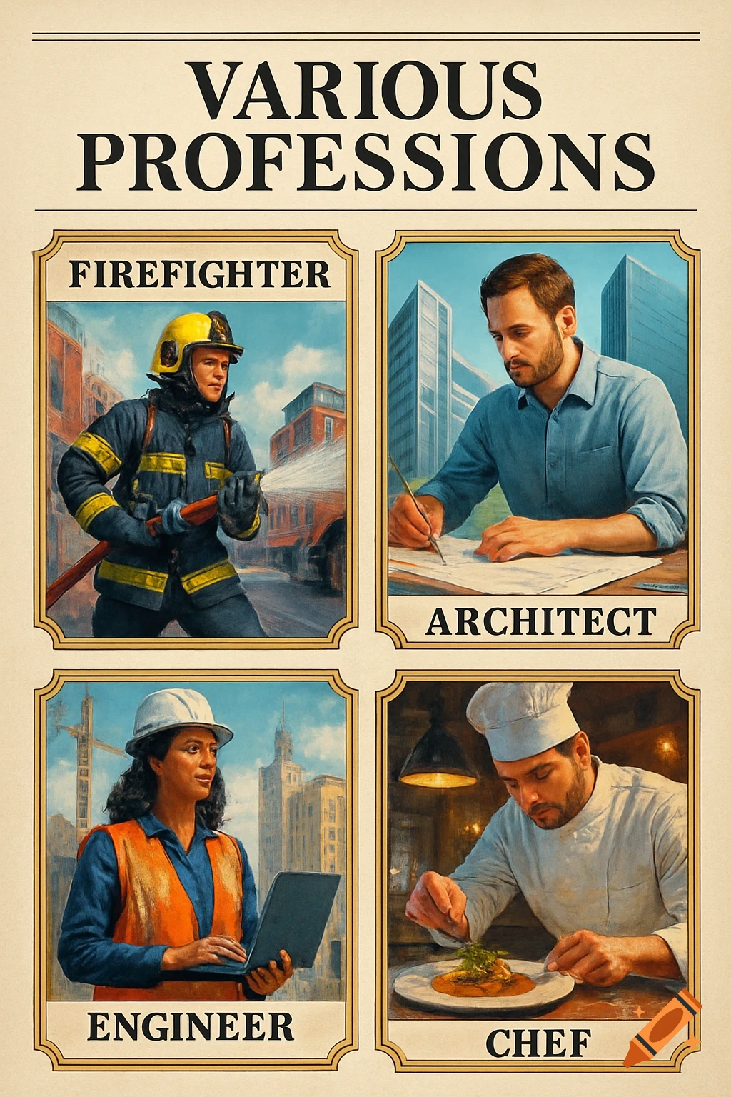 A retro-style poster showcasing a firefighter, architect, female engineer, and chef, with their respective titles.
