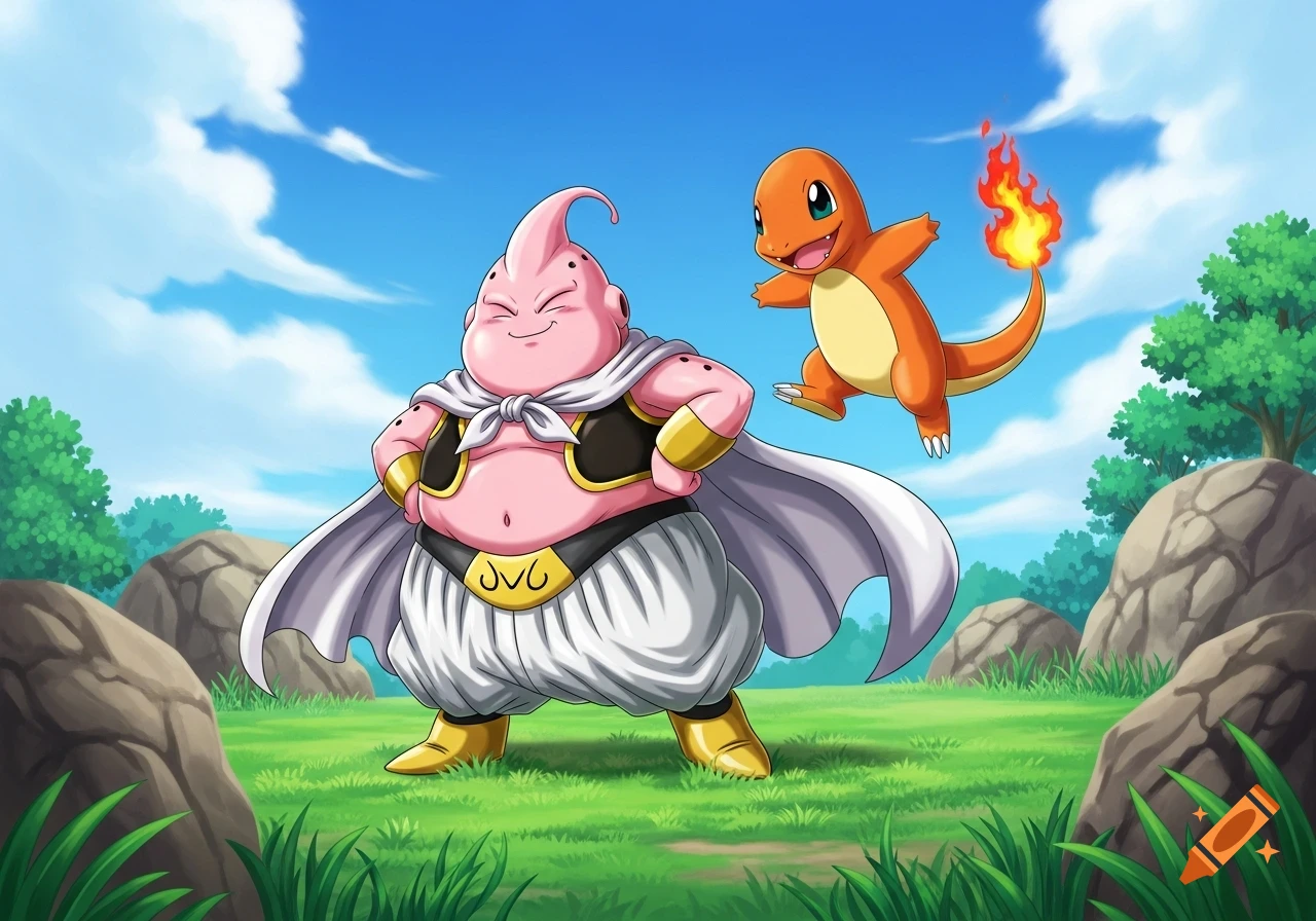 Majin Buu and Charmander smile in a vibrant green field under a blue sky, in an anime style.