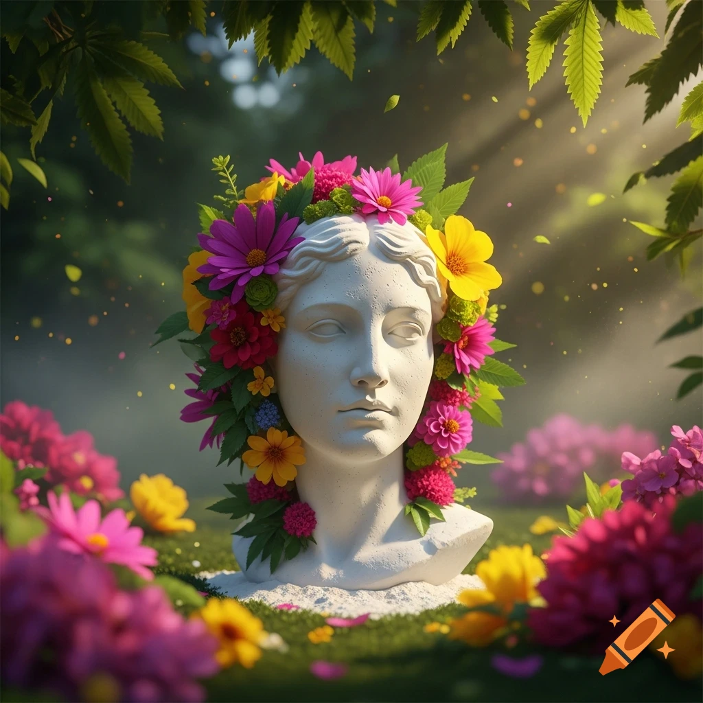 White classical bust of a woman adorned with colorful flowers and green cannabis leaves in a sunlit garden.