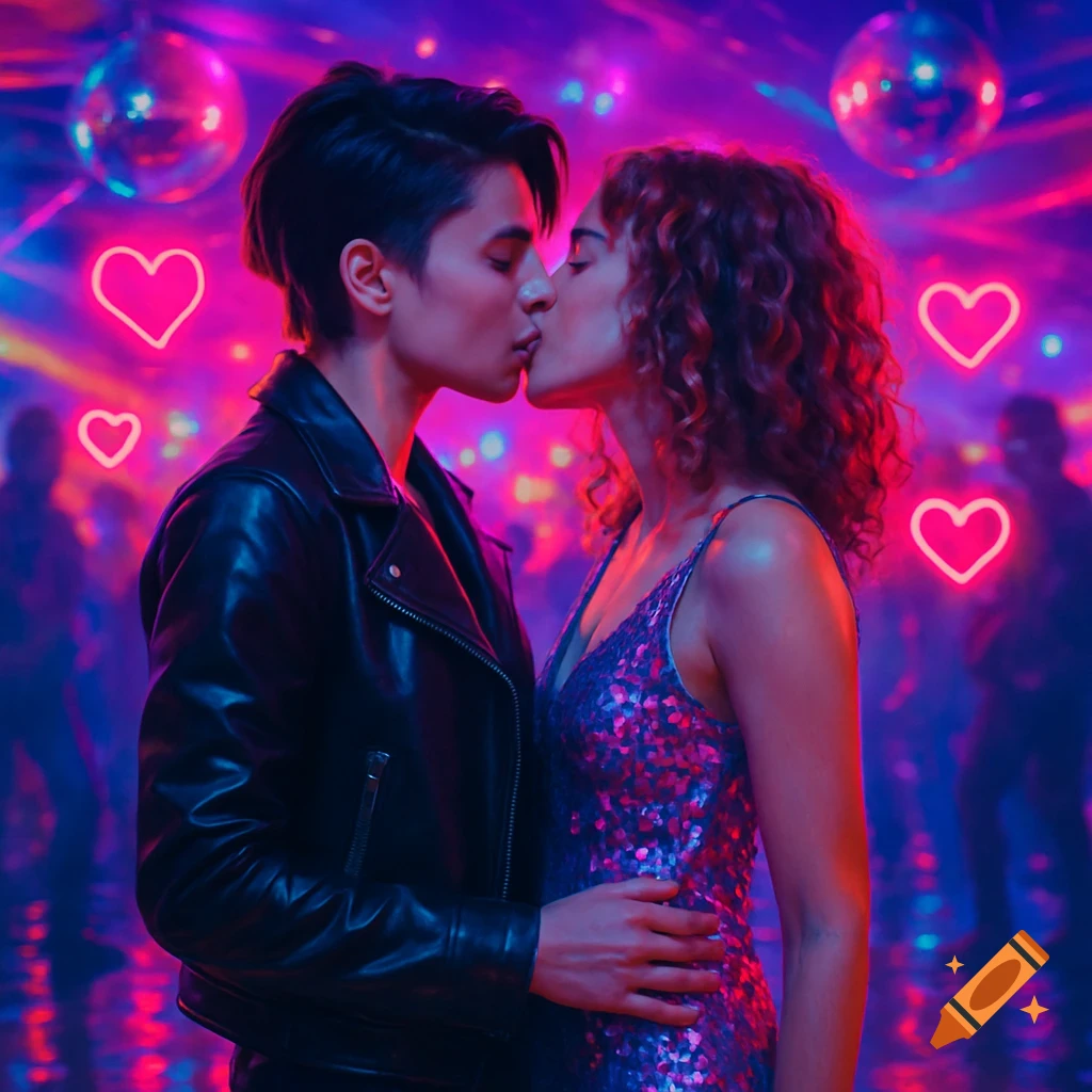 Two girls kissing in a vibrant neon-lit disco, surrounded by glowing hearts and disco balls.