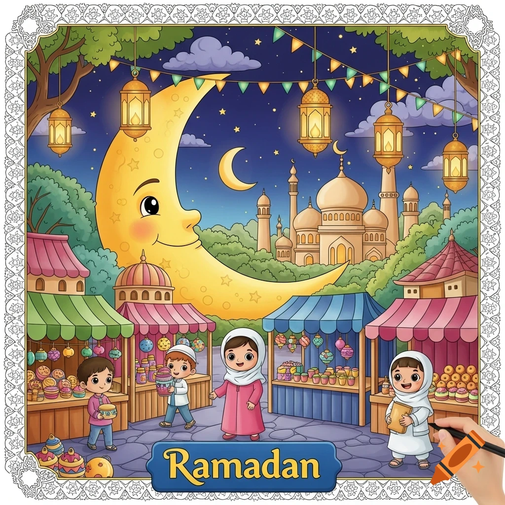 Cartoon illustration of a Ramadan night market with children, a mosque, lanterns, and a large smiling crescent moon, framed by a coloring book border.