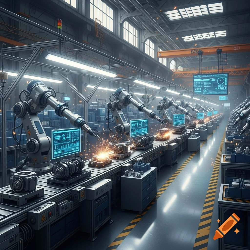 A modern factory production line with robotic arms welding parts on a conveyor belt in a large industrial facility.
