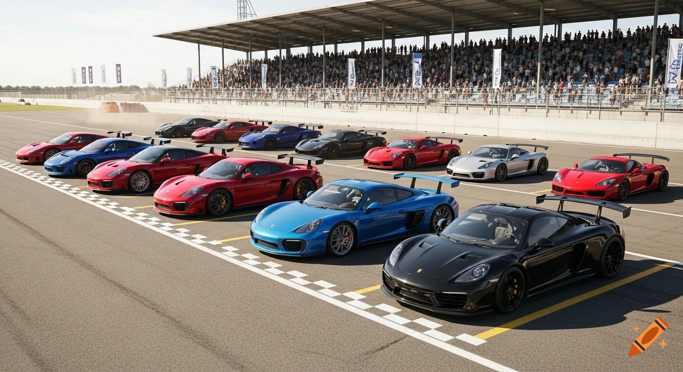 Ten colorful sports cars are lined up on a racetrack starting line with spectators in the grandstand.