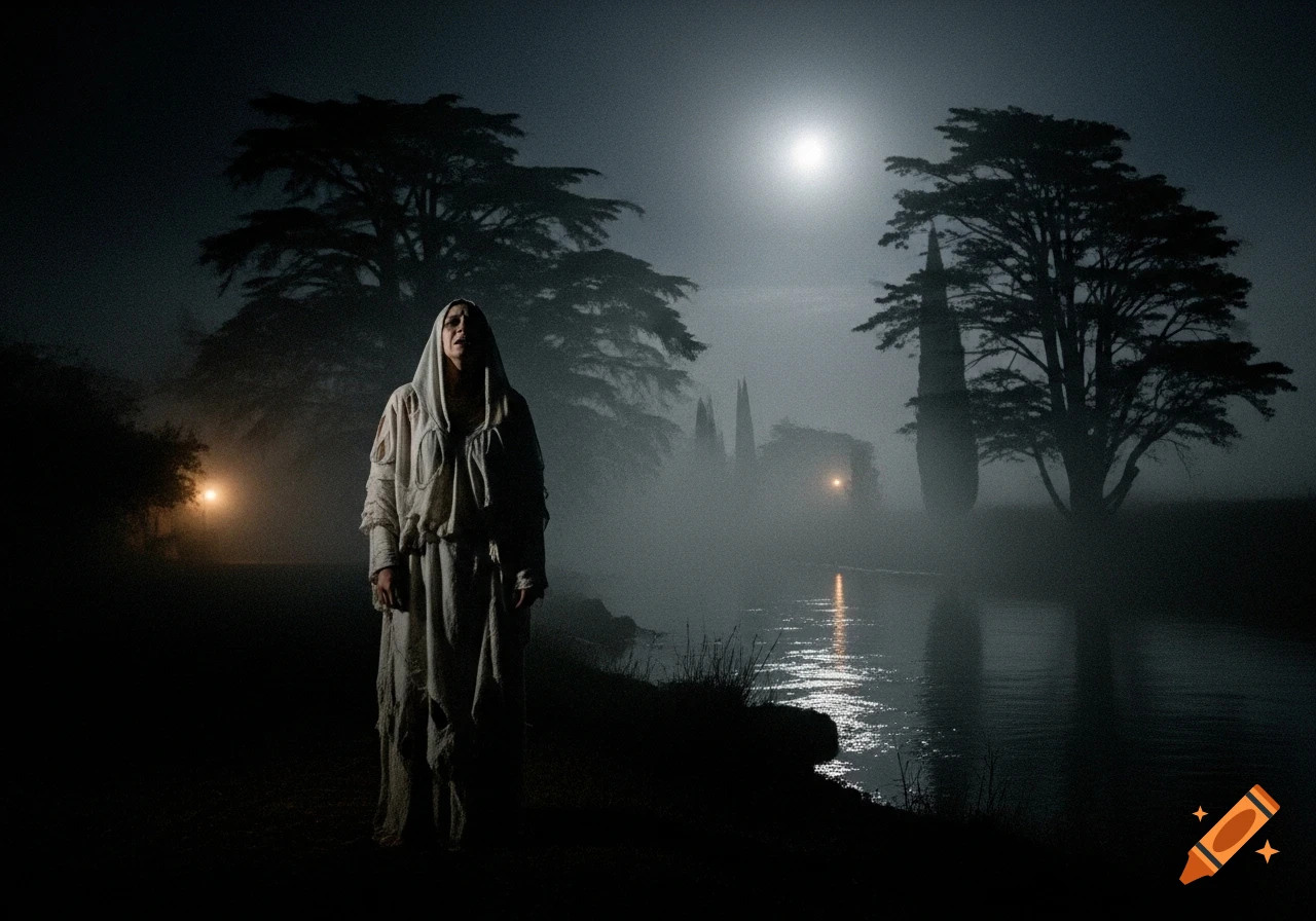 A ghostly cloaked figure stands in a dark, foggy night landscape with trees and a moonlit body of water.