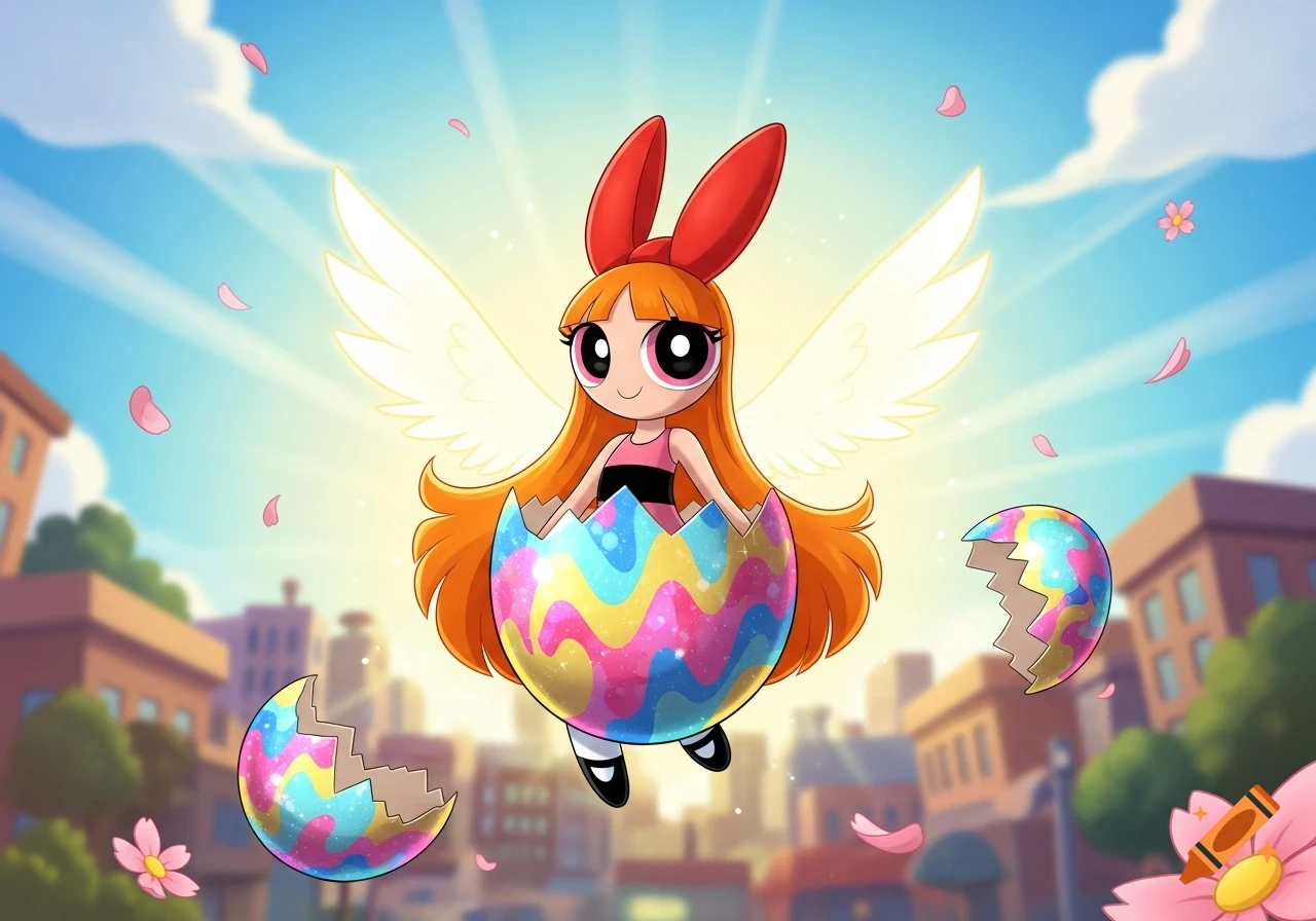 Blossom from Powerpuff Girls with bunny ears and wings floats out of a colorful Easter egg, surrounded by petals in a cartoon city.