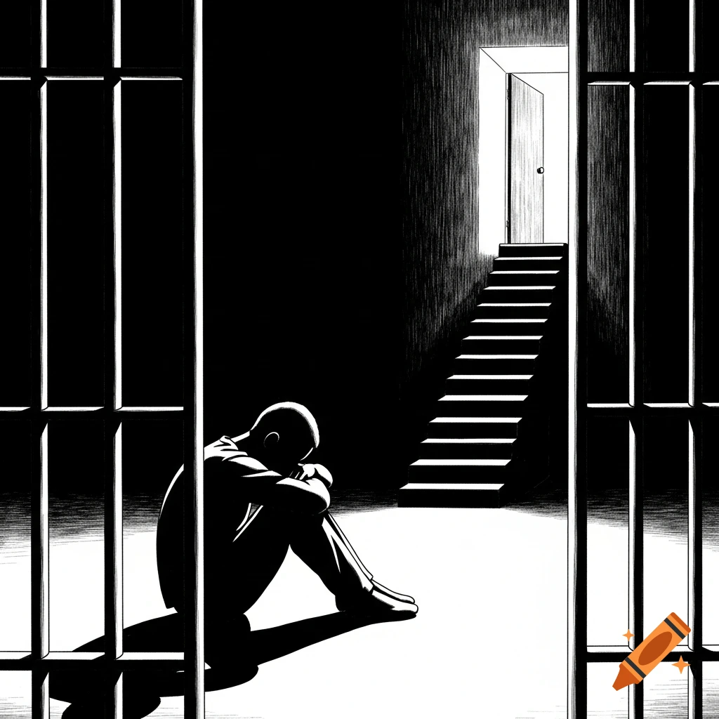 Black and white silhouette of a man sitting sadly in a prison cell, with stairs leading to an open door in the background.