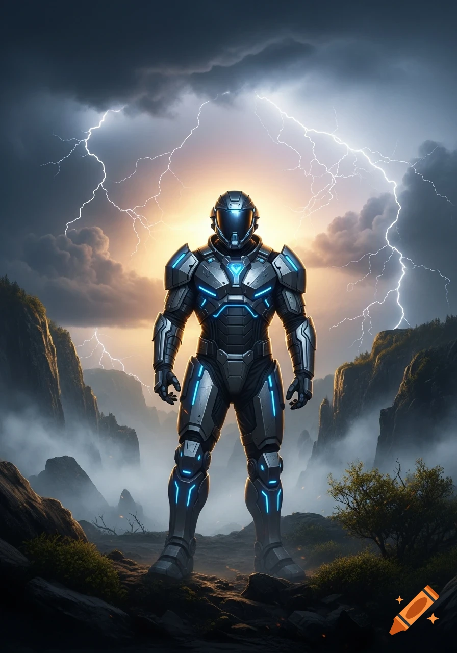 A sci-fi soldier in glowing blue and silver futuristic armor stands on a rocky mountain path with lightning in the sky.
