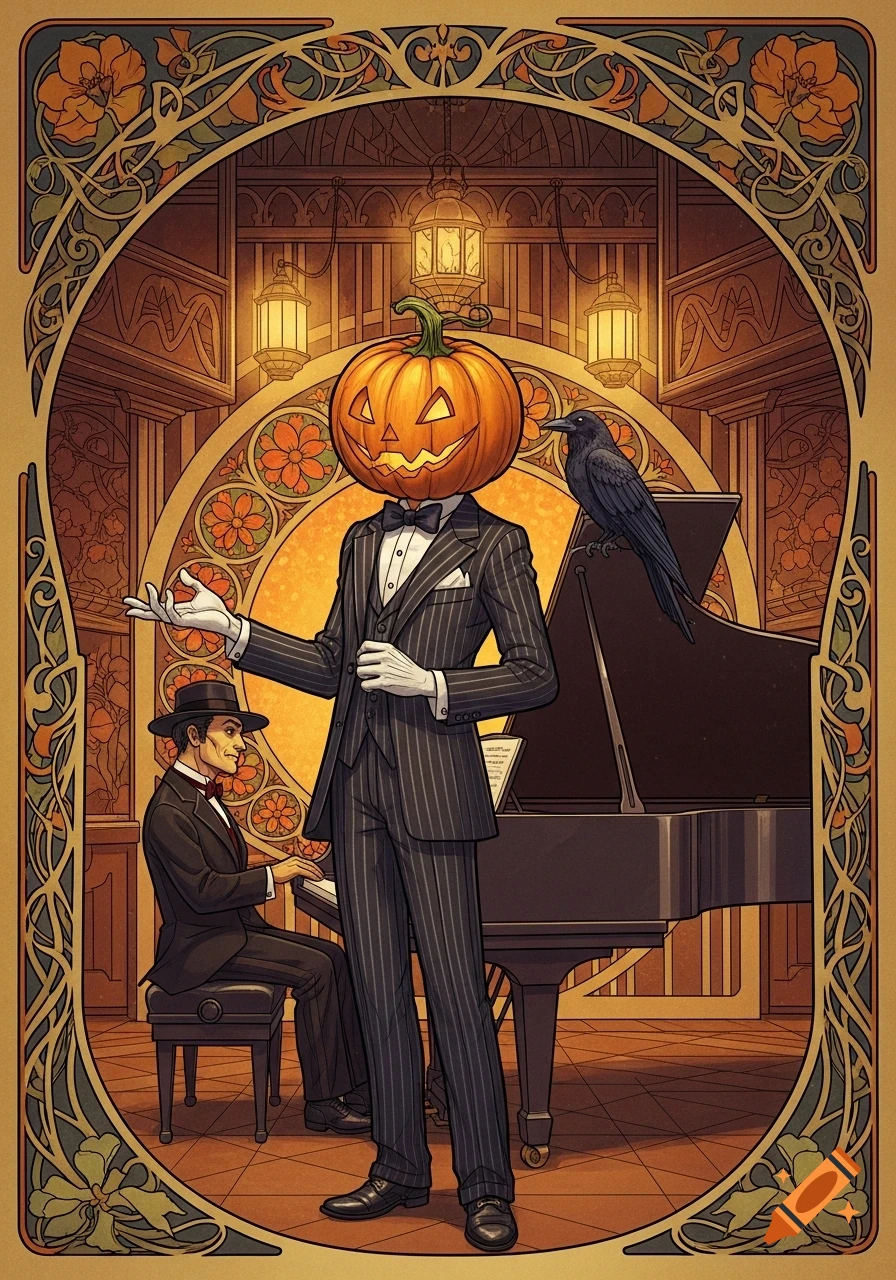 An Art Nouveau illustration of a pumpkin-headed man in a pinstripe suit singing, accompanied by a man playing a grand piano with a crow perched on it.
