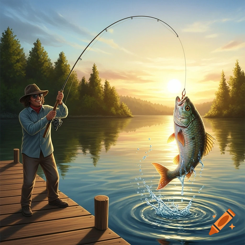 An illustration of a man fishing from a dock at sunset, happily reeling in a large, colorful fish that leaps from the water.