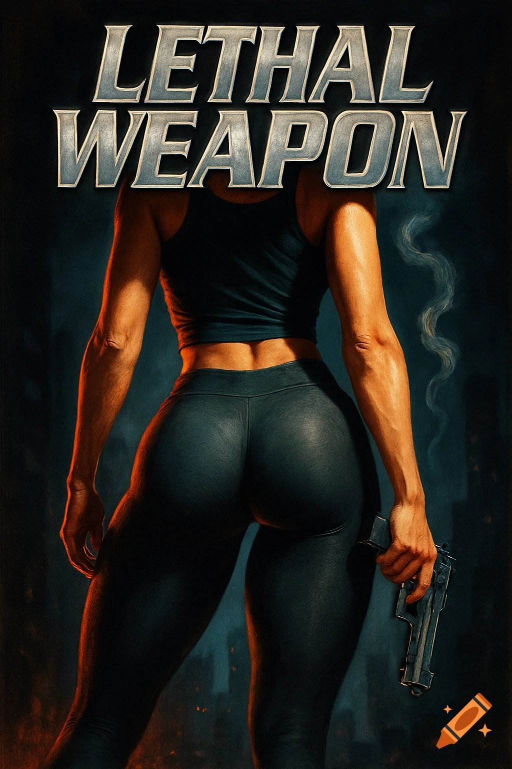 A stylized movie poster of a muscular woman in a tank top and yoga pants from behind, holding a smoking pistol, with "LETHAL WEAPON" at the top.