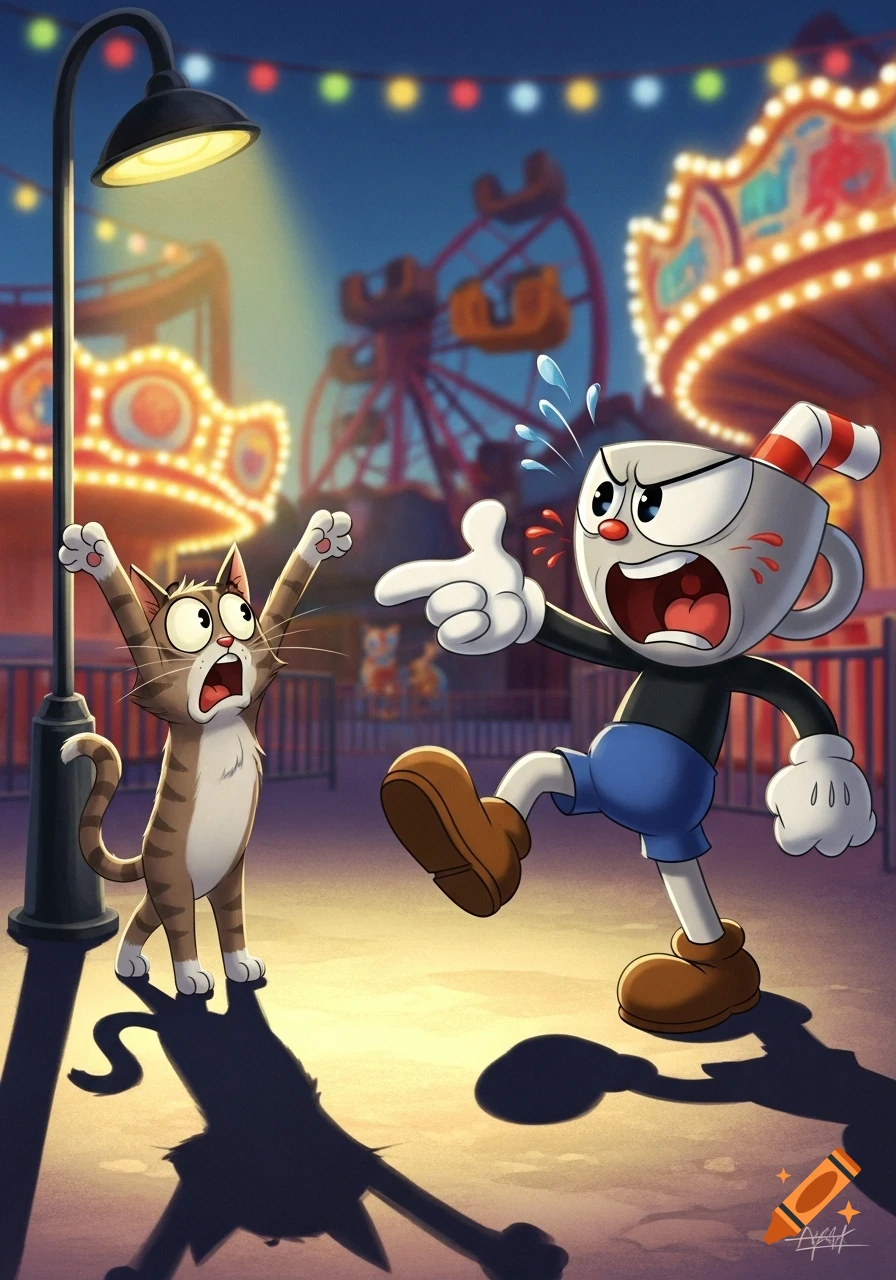 Cuphead, a cartoon character, screams at a frightened tabby cat in a brightly lit carnival at night. A Ferris wheel and carousel are in the blurry background.