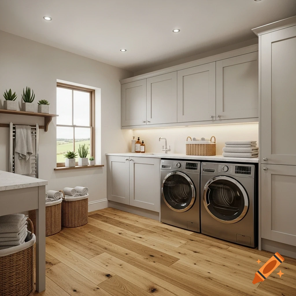 A photorealistic image of a modern laundry room with warm oak flooring, light grey cabinets, and two stainless steel washing machines.
