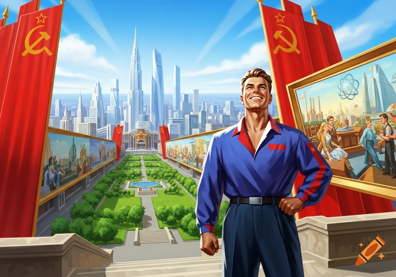 Smiling man in blue shirt before a grand, futuristic city with Soviet flags and gardens, in a stylized art style.