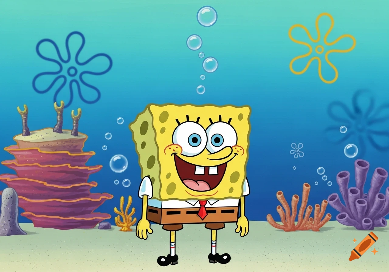 A cheerful SpongeBob SquarePants stands underwater among coral, seaweed, and bubbles.