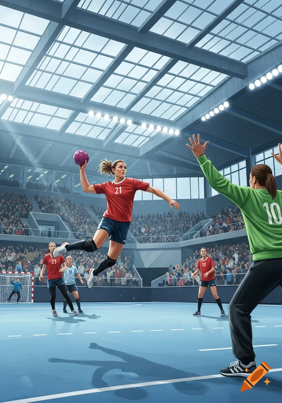 A female handball player in a red jersey jumps to throw a purple ball towards a green-jerseyed goalkeeper in an indoor stadium.