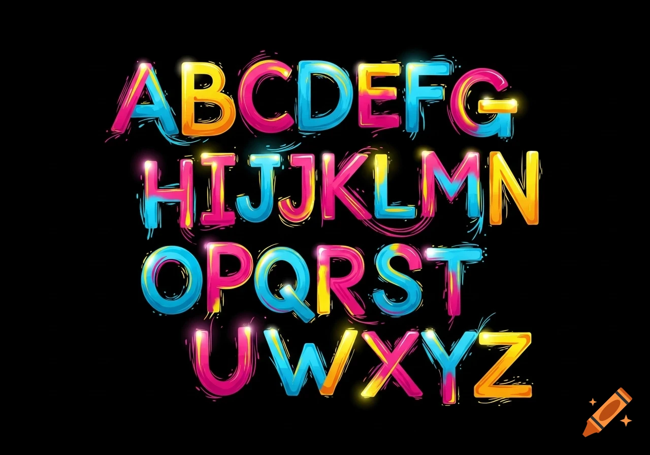 Colorful, glossy, and abstract capital letters of the English alphabet A-Z on a black background, with paint splatters and glowing effects.