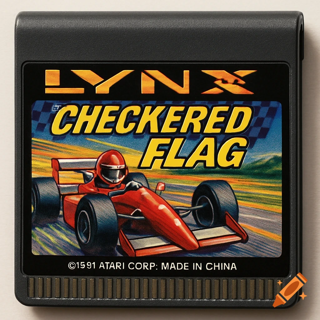 An Atari Lynx video game cartridge with a label featuring a red formula car racing on a track, titled 'CHECKERED FLAG'.