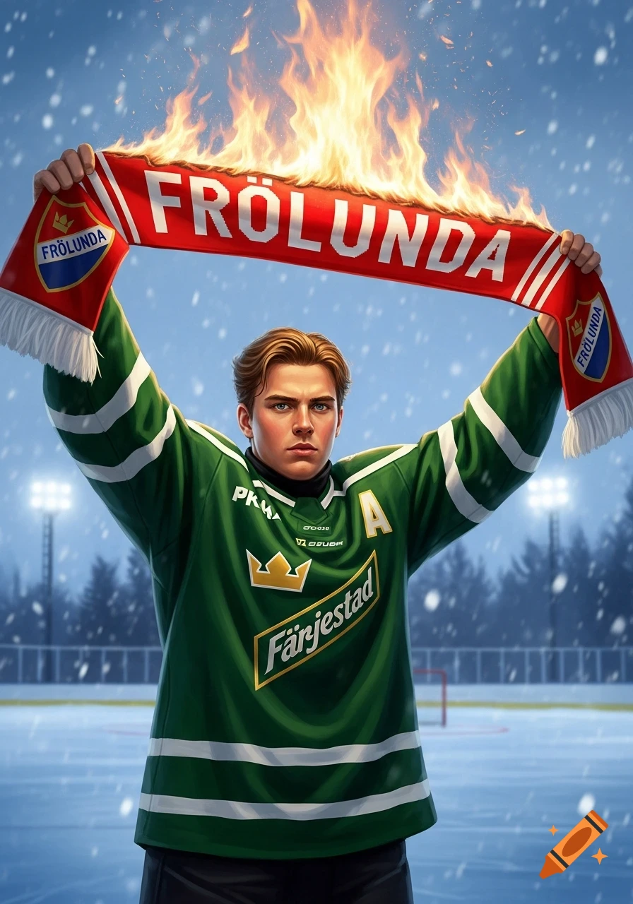 A male hockey player in a green Färjestad jersey holds up a burning red Frölunda scarf on an outdoor ice rink, digital art style.