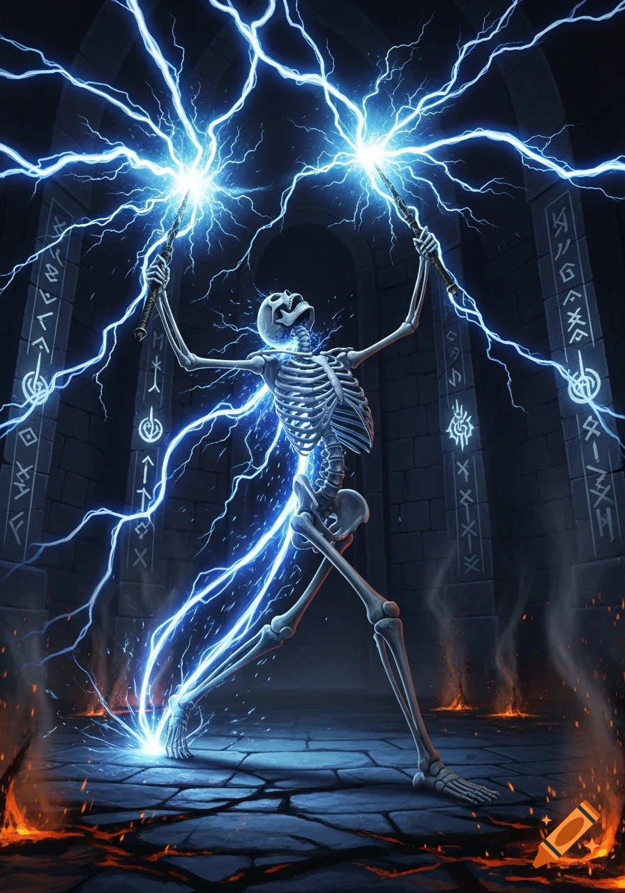 A skeleton dual-wielding wands, emitting blue lightning that electrocutes it in a dark, rune-covered dungeon with fiery cracks.