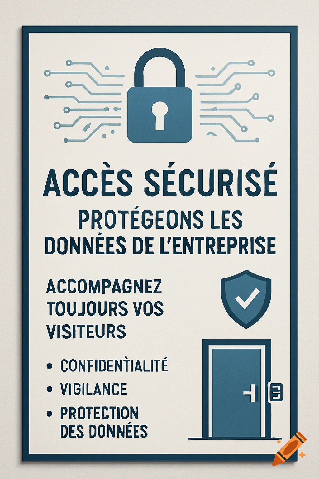 A cybersecurity awareness poster with a padlock and circuit board at the top, followed by French text on a light background. Below are a shield with a checkmark, a door, and bullet points about data protection.