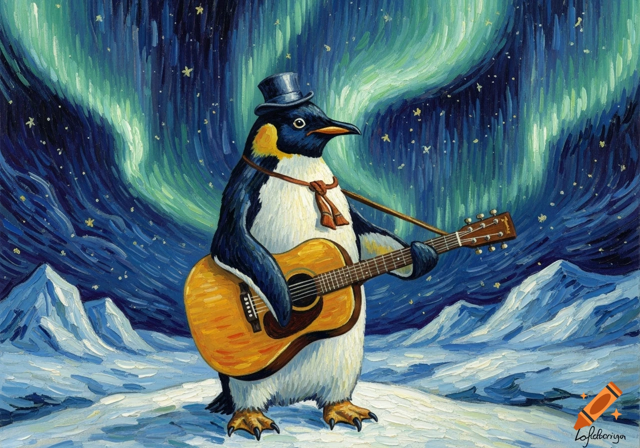 Van Gogh-style painting of a penguin wearing a top hat and tie, playing an acoustic guitar in a snowy landscape under the aurora.
