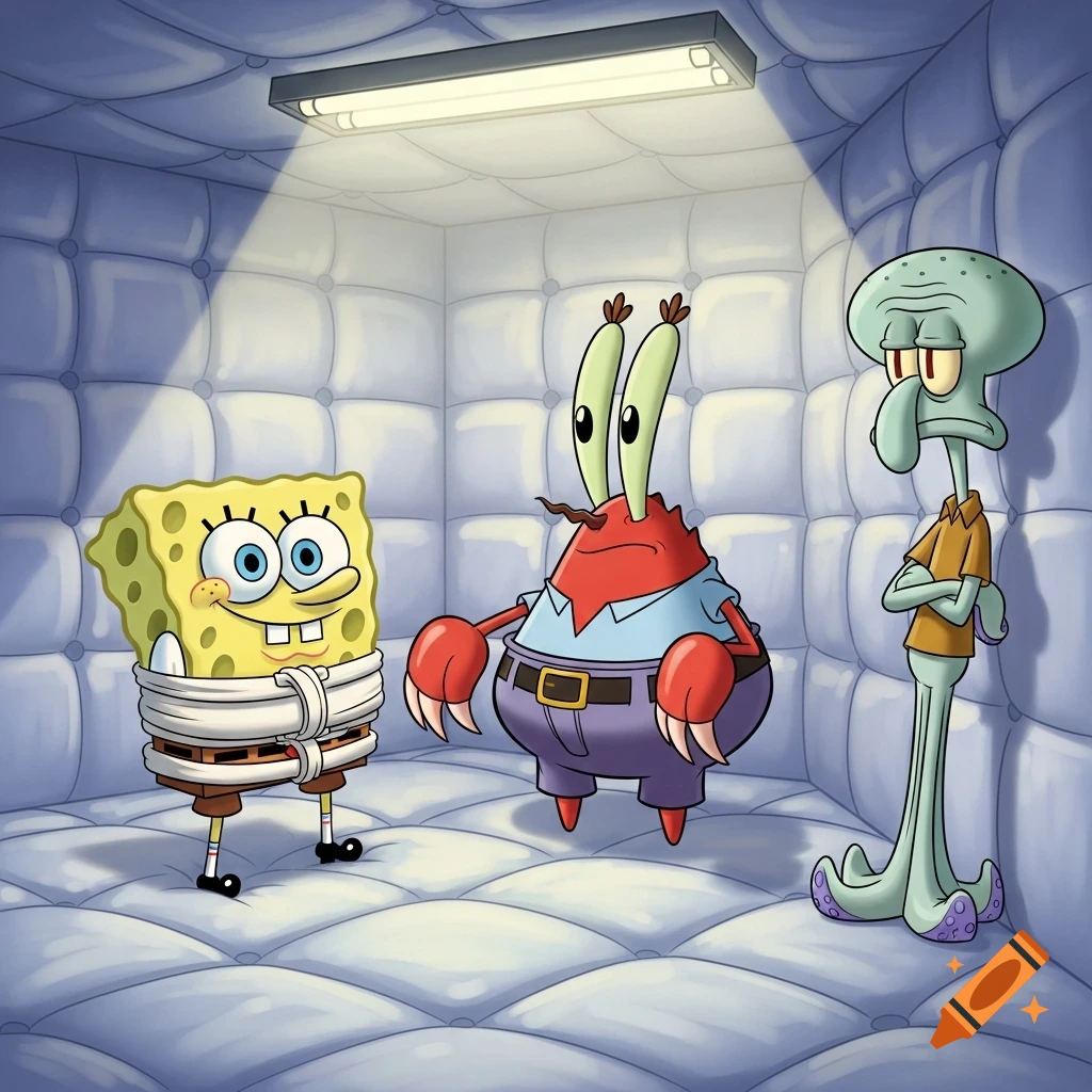 Spongebob in a straight jacket with Mr. Krabs and Squidward in a padded room under a fluorescent light.