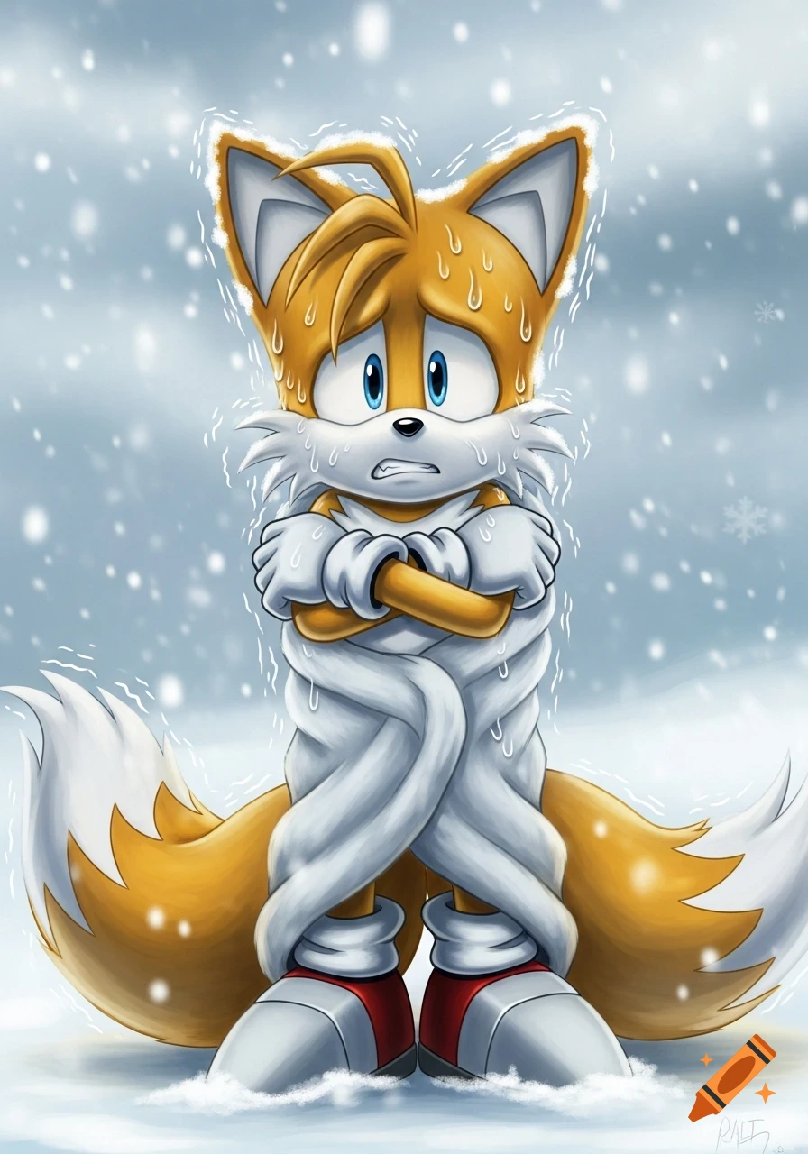 Tails the fox from Sonic shivers in the snow, hugging himself with a distressed expression.