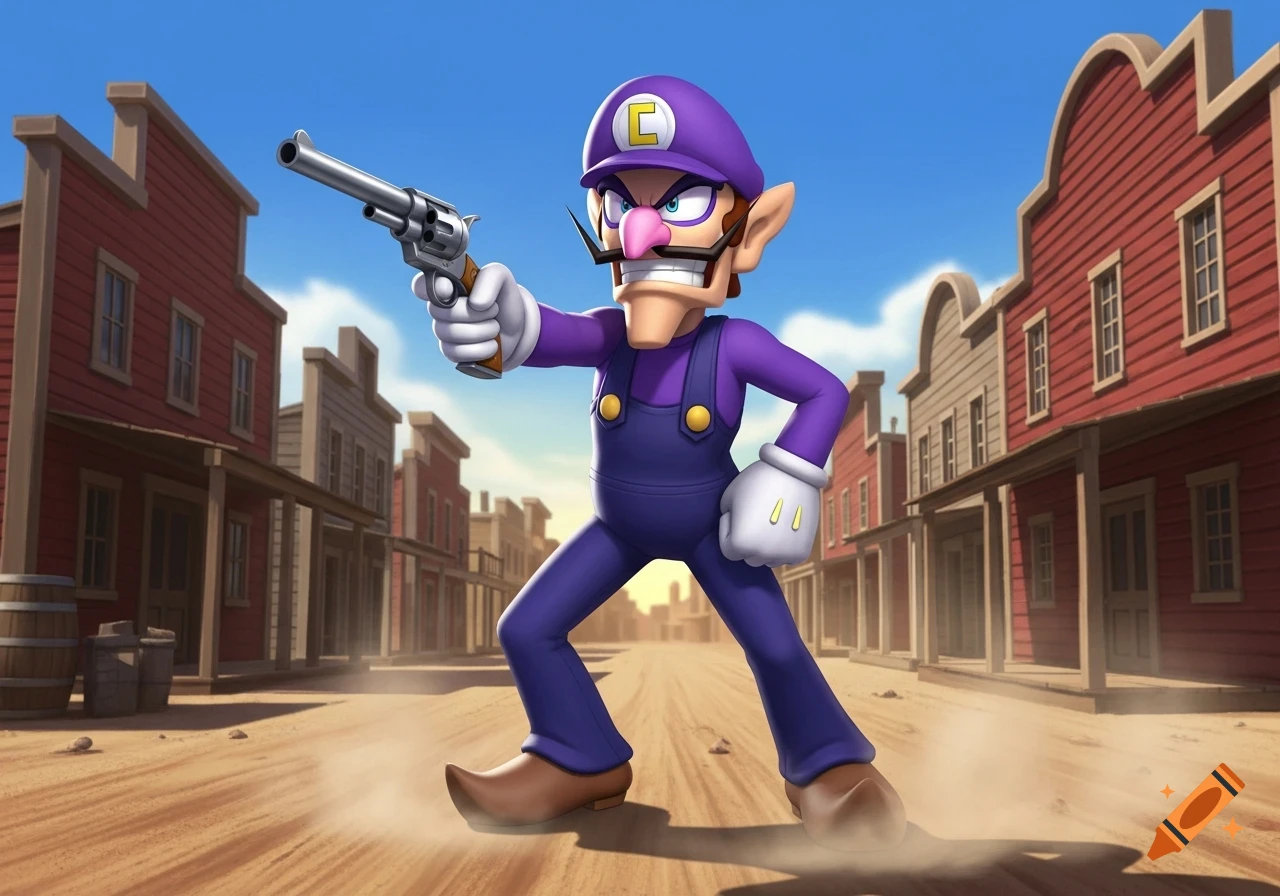 Waluigi, in his purple overalls and cap, stands in a dusty Wild West town, aiming a revolver in a quick-draw pose.