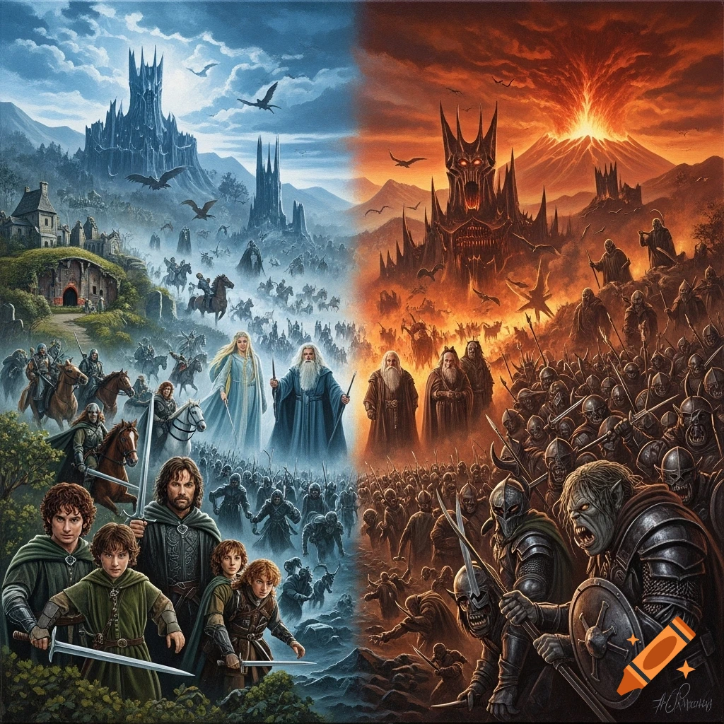 An epic acrylic painting depicting a split fantasy battlefield. The left side, representing good, shows heroes like Frodo, Sam, and Gandalf with an army, castles, and blue skies. The right side, representing evil, shows orcs and monsters with a fiery volcanic landscape, a menacing fortress, and an orange sky.