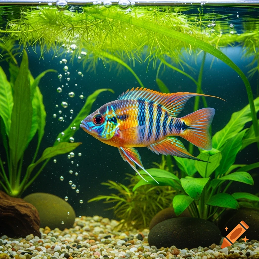 A vibrant, colorful fish swims in a well-lit aquarium with green aquatic plants, gravel, and bubbles.