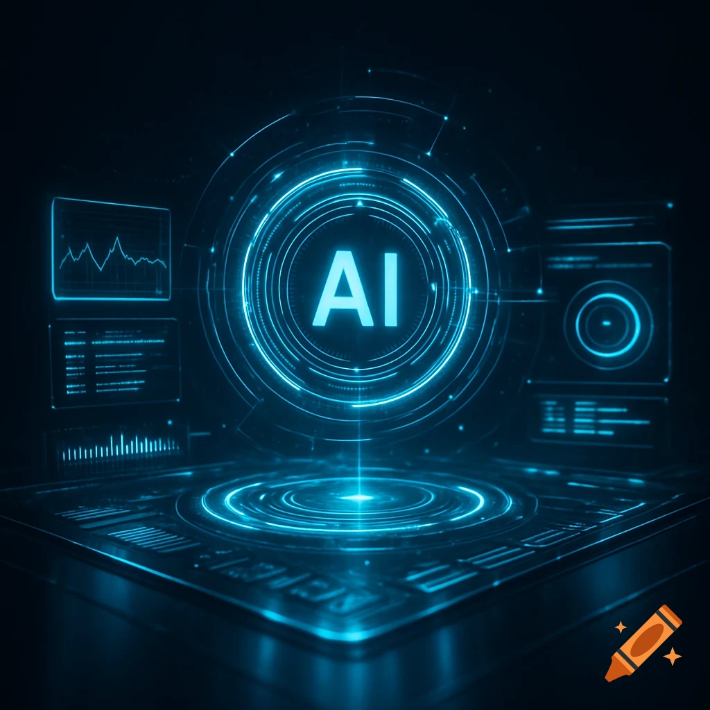 Futuristic AI interface with neon blue holographic elements and circular HUD graphics on a dark background.