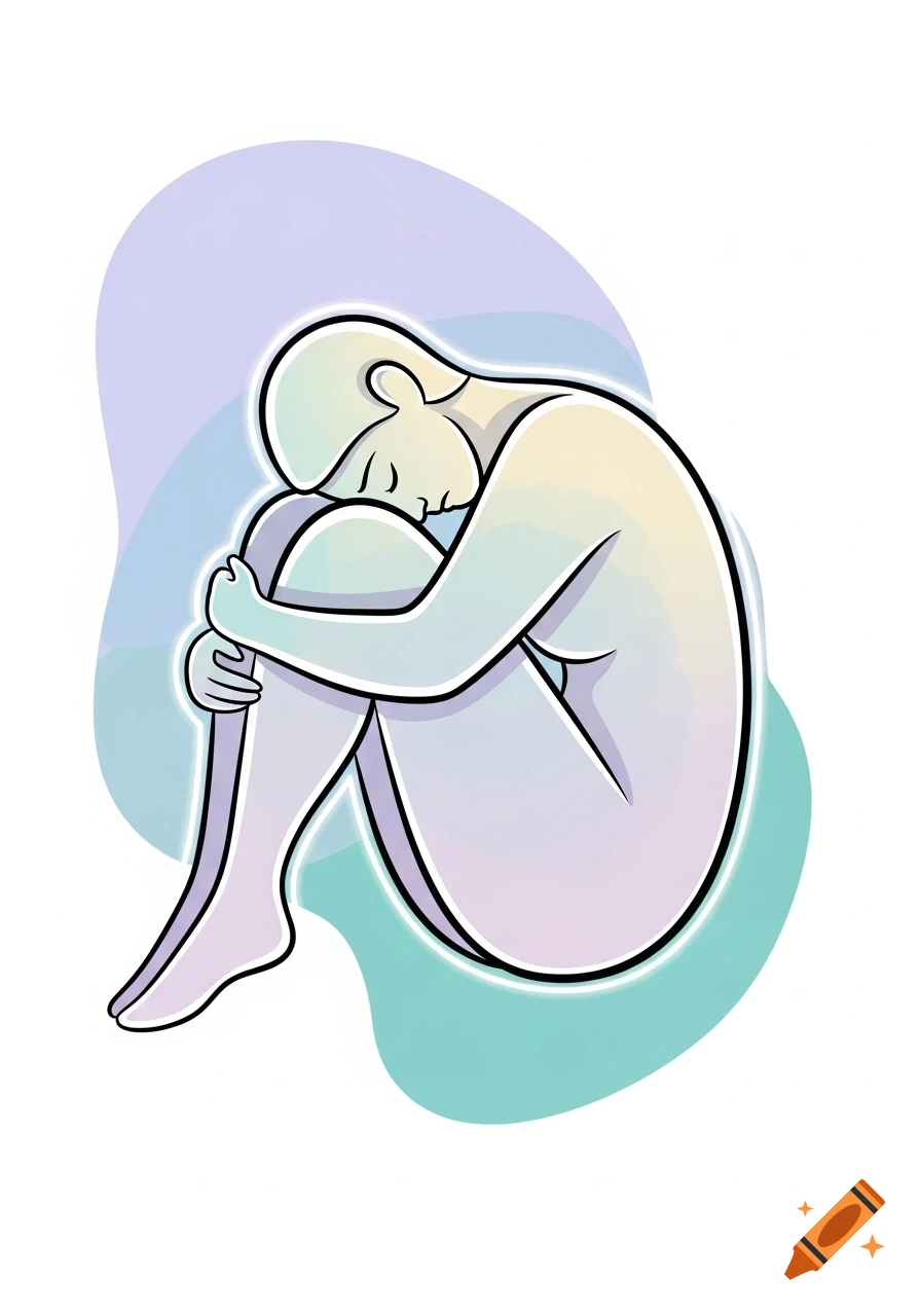 Stylized illustration of a person in a fetal position, hugging knees, on a soft pastel background.